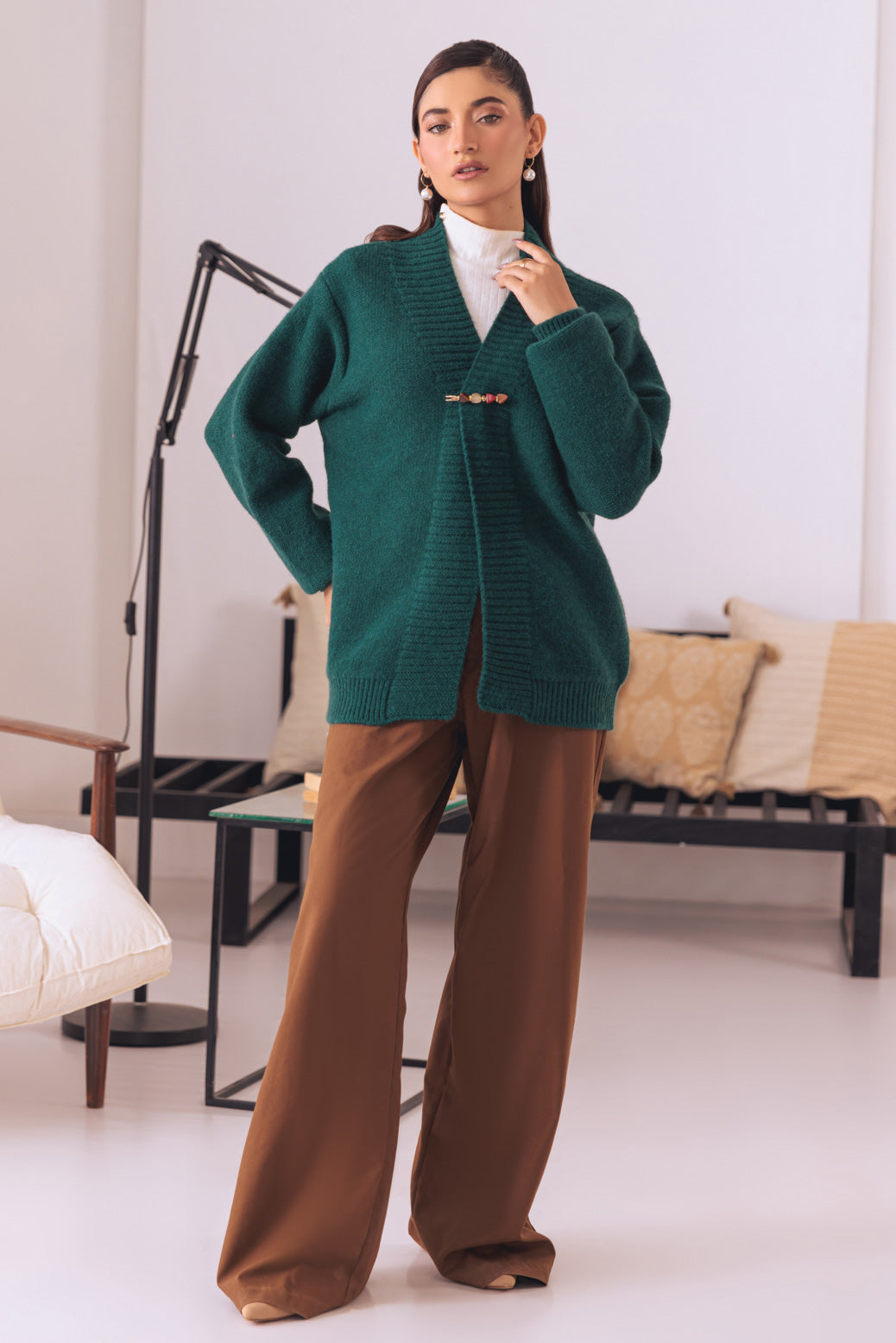 GREEN-FRONT OPEN FULL SLEEVES CARDIGAN SWEATER (24X-011-66)