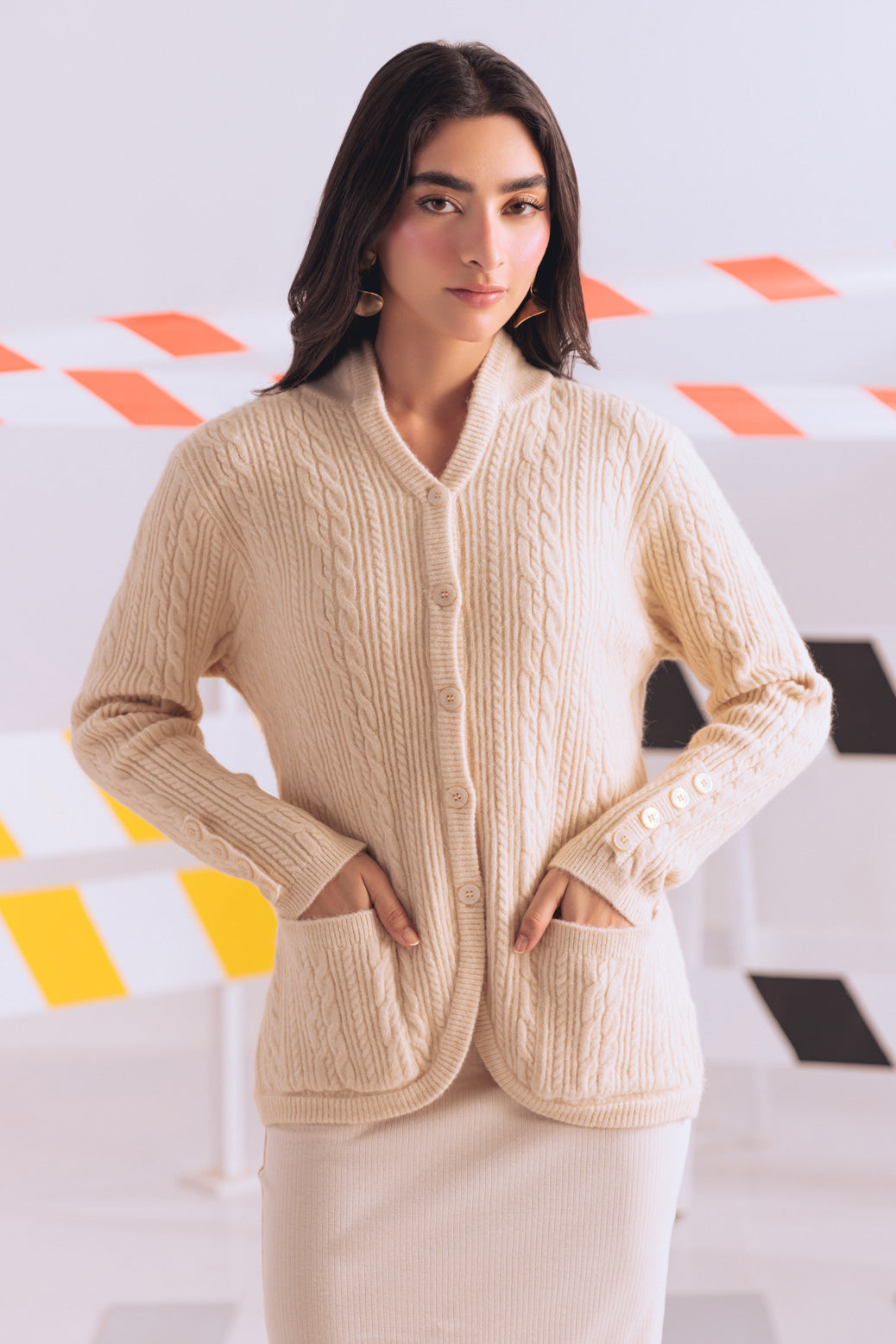 CREAM-HIGH NECK CARDIGAN FULL SLEEVES W-POCKET SWEATER (24X-014-66)