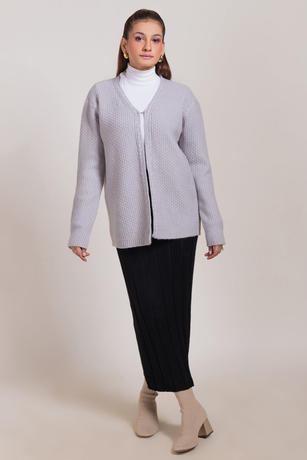 A-GREY-V-NECK FULL SLEEVES CARDIGAN SWEATER (24X-034-66)