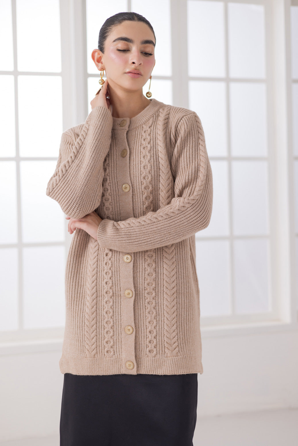 BEIGE-ROUND NECK FULL SLEEVES CARDIGAN SWEATER (24X-065-66)