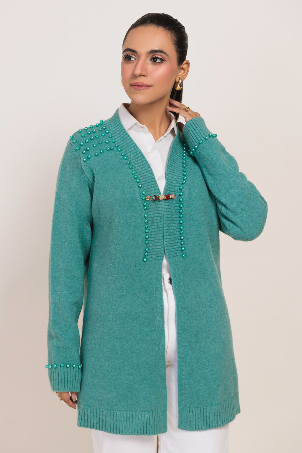 AQ-GREEN-V-NECK FULL SLEEVES CARDIGAN SWEATER (24X-093-66)