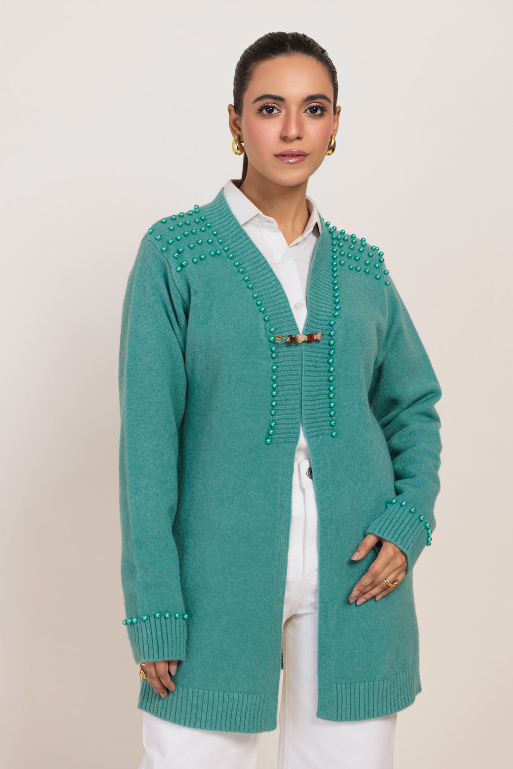 AQ-GREEN-V-NECK FULL SLEEVES CARDIGAN SWEATER (24X-093-66)