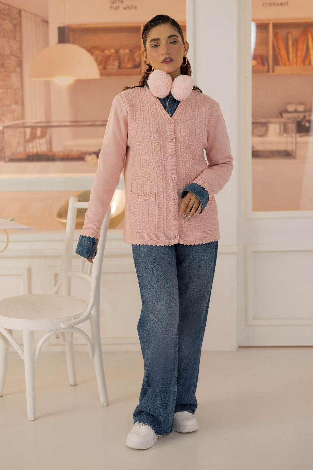 PINK-FULL SLEEVES V-NECK CARDIGAN SWEATER (24X-153-66)