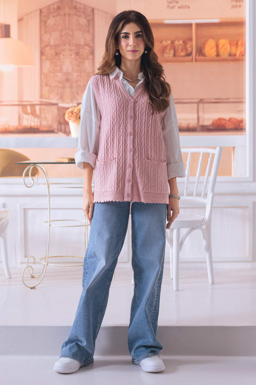 PINK-SANDO V-NECK CARDIGAN SWEATER (24X-154-66)