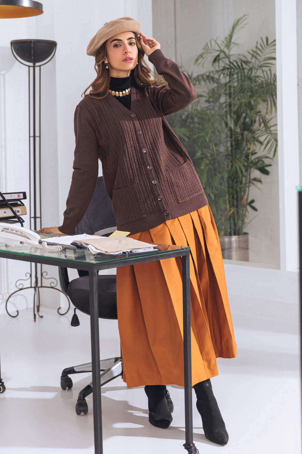 BROWN-FULL SLEEVE V-NECK-CARDIGAN SWEATER (24X-165-66)