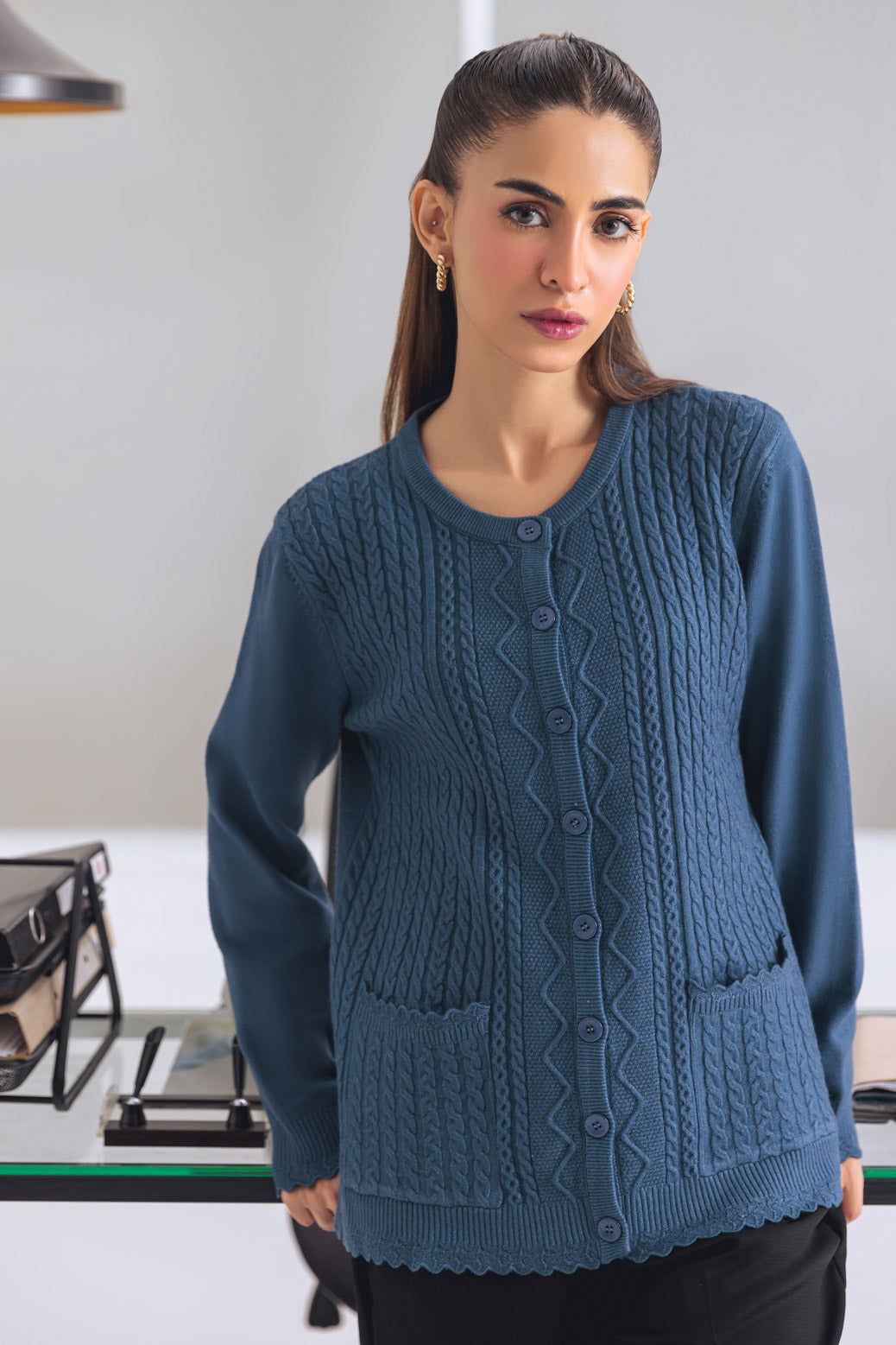 BLUE-ROUND NECK FULL SLEEVE CARDIGAN SWEATER  (24X-167-66)