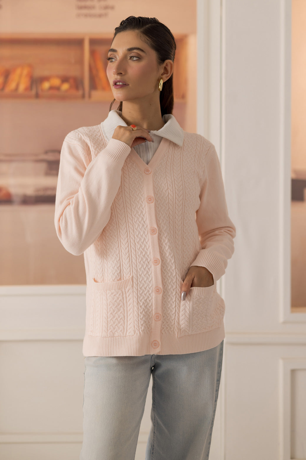 L-PINK-FULL SLEEVE V-NECK-CARDIGAN SWEATER (24X-169-66)